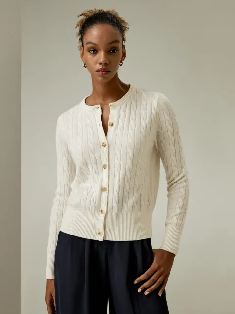 LILYSILK Cardigan Blanc Col Ras Du Cou En Tricot Côtelé 100% Bébé Cachemire Élégance Intemporelle Et Style Sophistiqué L