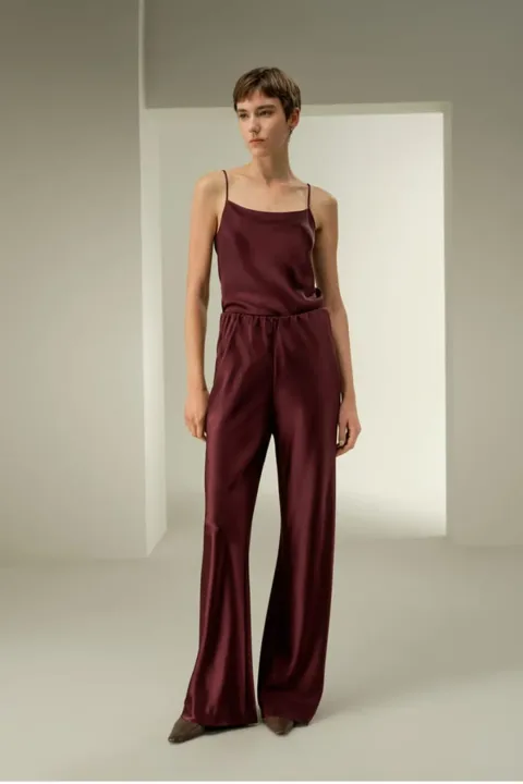 LILYSILK Pantalon Droit Satin Soie Femme Luxueux 32 mm Taille Elastique Daim Pinot Noir 40