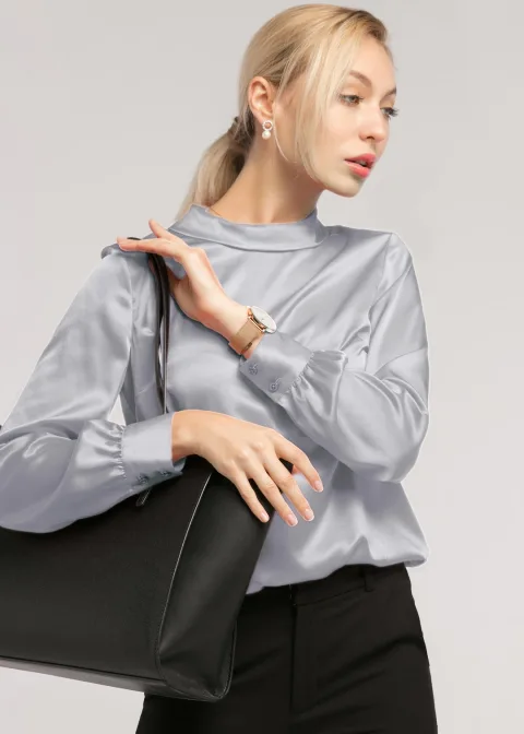 LILYSILK Chemisiers En Soie Femme Col Montant, Manches Longues Soie Extensible De Qualité Température Réglable Chemises Argenté XS