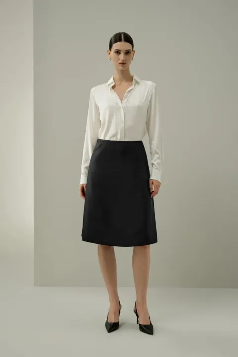 LILYSILK Jupe Soie-Laine Structurée Taille Haute Jupe Taille Haute Longueur Genou Mélange Soie-Laine Noir 46