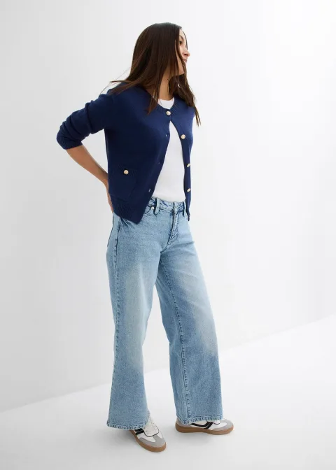Jean large, taille mi-haute, peu extensible, longueur sol