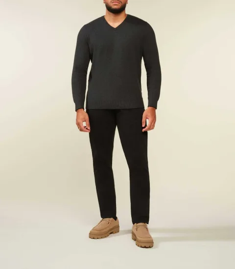 IZAC - Pull col V coton cachemire gris anthracite BRENTBT