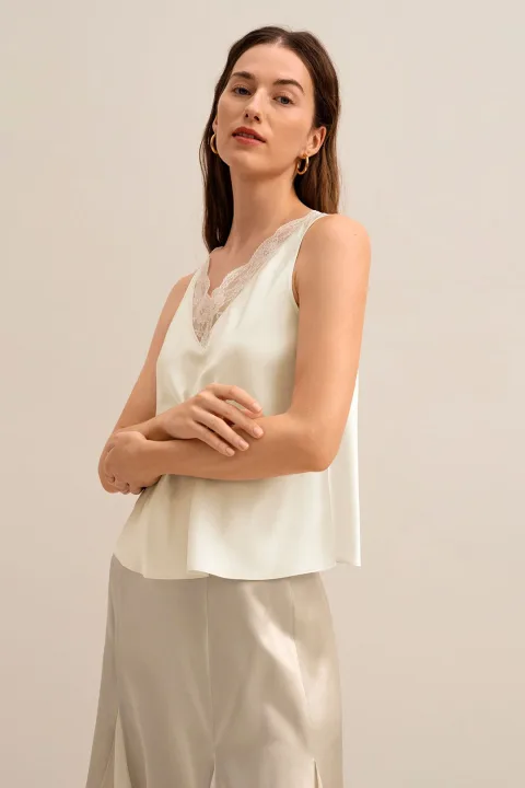 LILYSILK Débardeur Soie, V-Cou Avec Dentelle, Ultra-Douce Et Luxueuse, Soie De Mûrier, Sans Produits Chimiques Nocifs