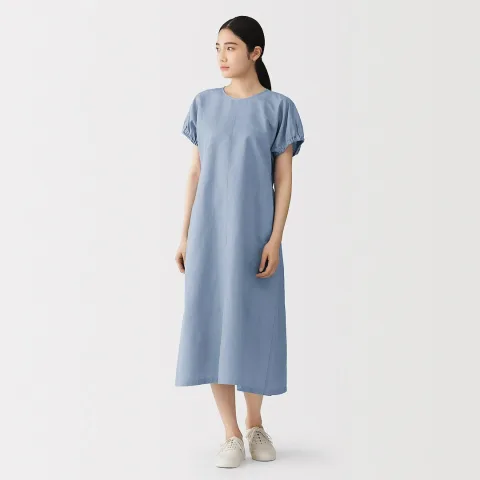 Robe à manches froncées en mélange de chanvre pour femme