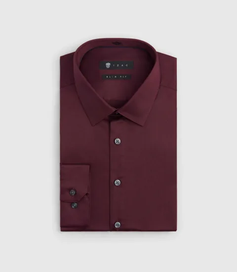 IZAC - Chemise slim en satin de coton bordeaux SATINSLIM