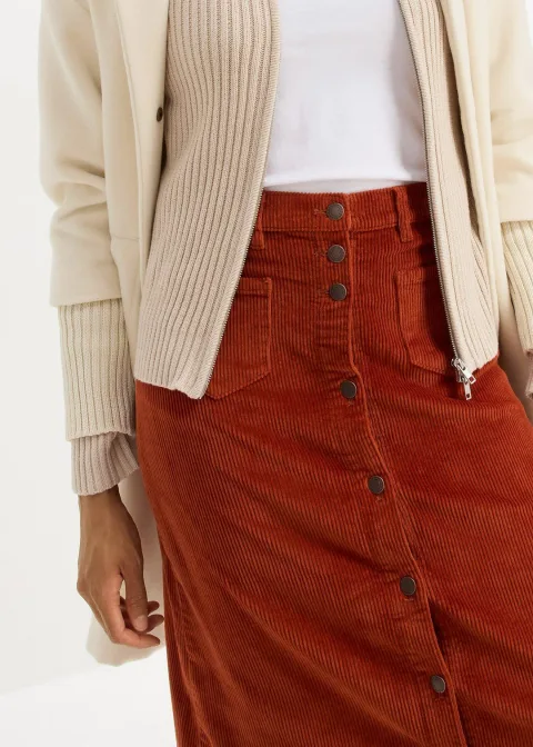 Jupe midi extensible en velours côtelé avec patte de boutonnage