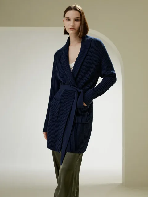 LILYSILK Cardigan Femme Bleu Marine Col Châle, Motif Côtelé 100 % Laine Mérinos Bon Rapport Qualité-Prix, Respectueux De La Peau S