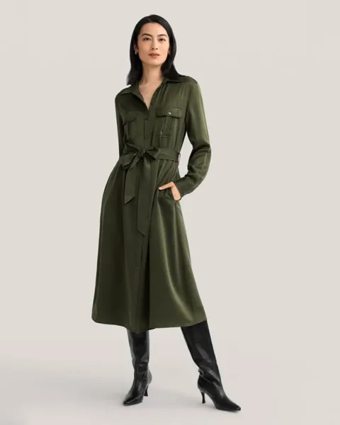 LILYSILK Robe En Soie Chic Longue Femme Soie Lavée En Sable Robe Trench Militaire Porte De Multiples Façons Vert Safari L