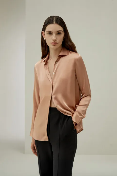 LILYSILK Blouse À Patte Boutonnage Minimaliste Soie Charmeuse 100 % S'Accorde Avec N'Importe Quelle Tenue Coupe Régulière Rose Quartz Xs