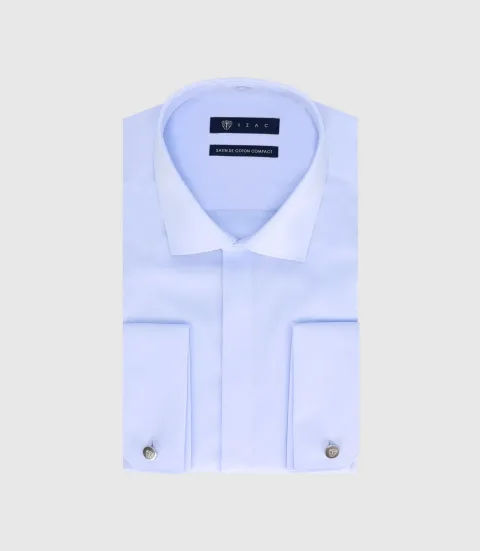 IZAC - Chemise slim en satin de coton ciel SAMIXSLIM