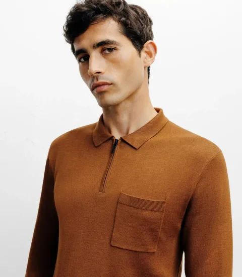 IZAC - Pull col polo zippé en maille fine bronze