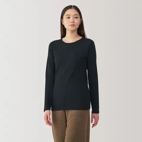 T‐shirt manches longues col rond en coton et laine chauds pour femme