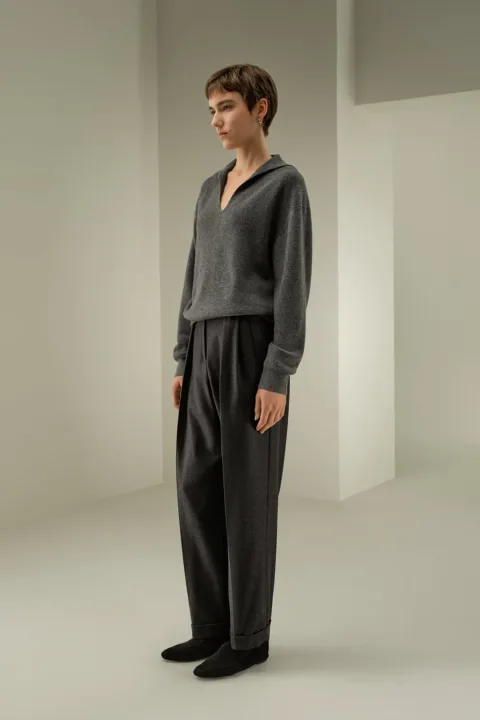 LILYSILK Polo Côtelé Cachemire Femme Tonnerre M - Doux, Léger, Respirant, Col V