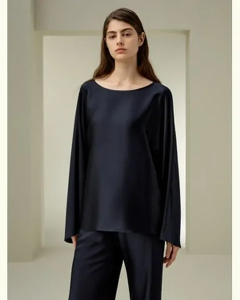 LILYSILK Blouse En Soie Manches Larges Pure Soie Simple Et Classique Élégance Intemporelle Et Style Sophistiqué Bleu Minuit L