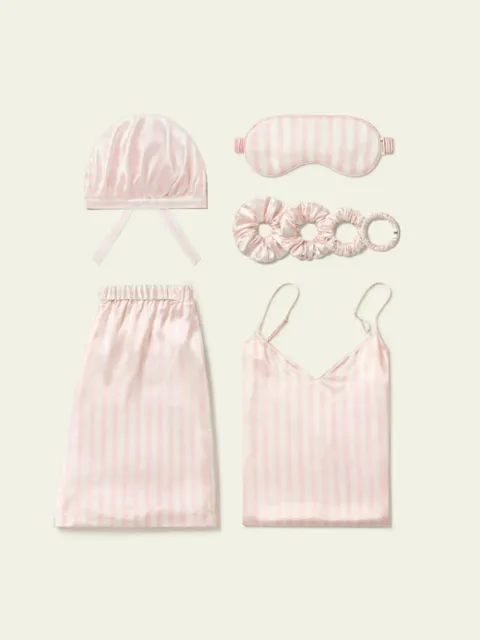 LILYSILK Ensemble femme en soie 19 mommes rose rayé – Caraco & short Saint-Valentin