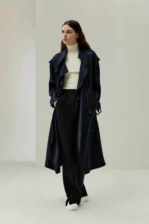 LILYSILK Trench-Coat En Soie De Marque Femme Conception Décontractée À Épaules Tombantes Soie De Mûrier Modèle De Base Bleu Minuit S