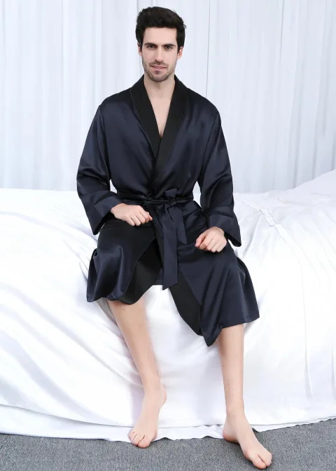 LILYSILK Peignoir De Soie Homme Bleu Marine Col Croisé, Deux Poches Devant 100% Soie Convivial Pour Les Personnes Allergiques XL