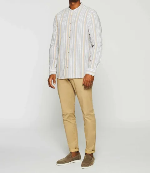 IZAC - Chemise à rayures en lin col mao camel KABOSA