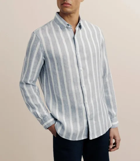 IZAC - Chemise rayée 100% lin bleue