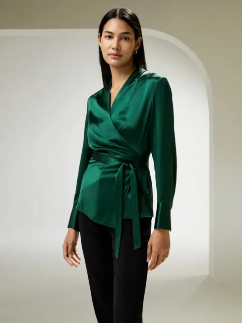 LILYSILK Blouse En Soie Blanc Coupe Ajustée, Effet D'Enveloppement 100% Soie Naturelle Bon Rapport Qualité-Prix, Respectueux De La Peau 38