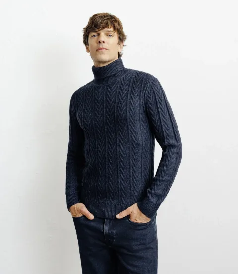 IZAC - Pull col roulé torsadé marine