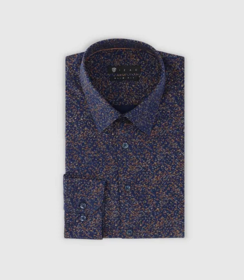 IZAC - Chemise à imprimé micro motifs marine et camel PENTI