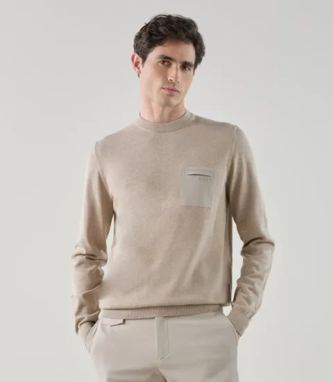 IZAC - Pull col rond avec poche bi-matière beige