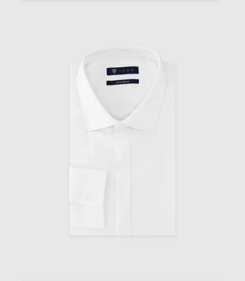 IZAC - Chemise col italien en satin de coton blanche