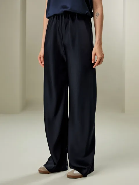 LILYSILK Pantalon En Soie Naturelle Femme Coupe En Biais Intégral Soie De Mûrier Coupe Régulière Facile À Assortir Bleu Minuit Petite 36