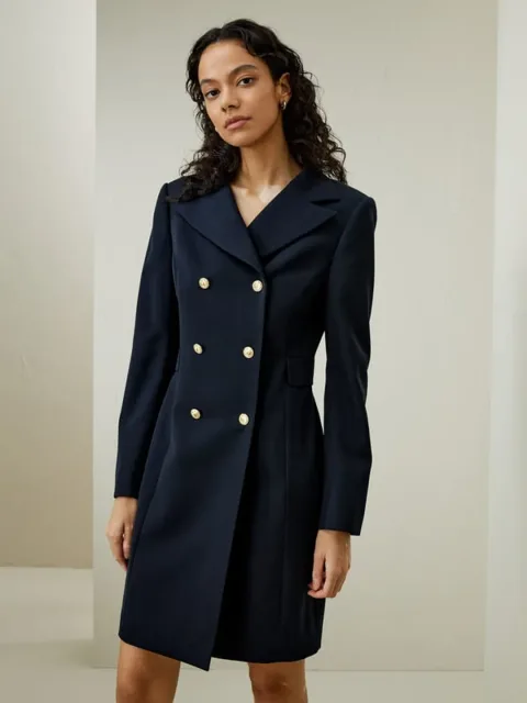 LILYSILK Manteau De Robe Femme Bleu Marine Revers Festonné Tissu Sergé En Laine Peignée Bon Rapport Qualité-Prix, Respectueux De La Peau 40