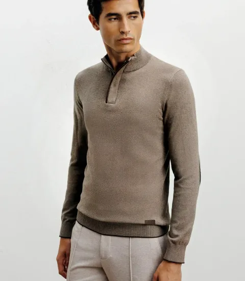 IZAC - Pull col montant demi zippé taupe
