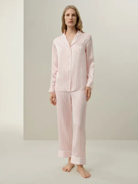 LILYSILK Femme Pyjama en Soie Charmeuse Rayé Élégant Confort XL Rose et Blanc