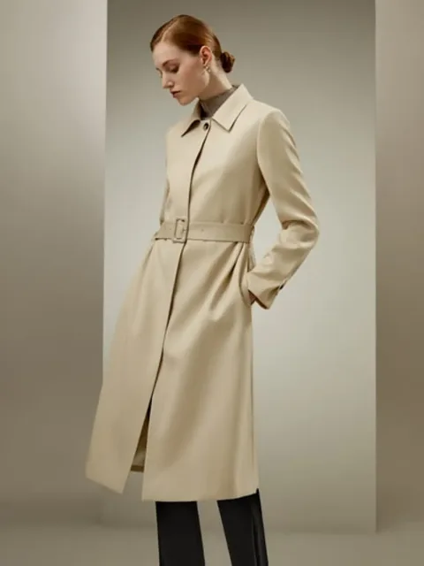 LILYSILK Trench Classique Imperméable Femme Kaki XL - Laine & Soie, Coupe Droite, Boutons Corne
