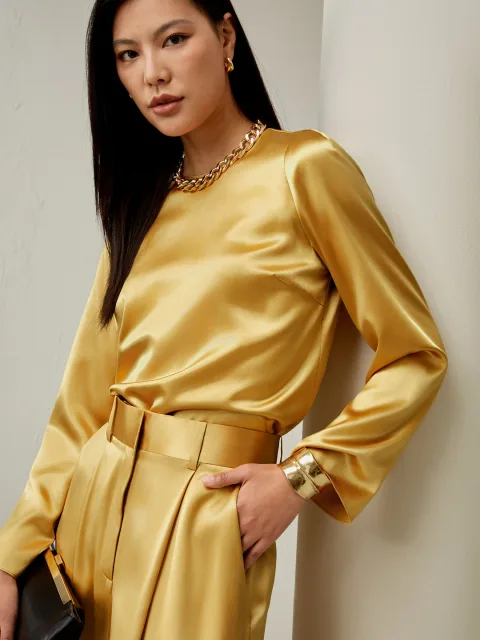 LILYSILK Chemisiers En Soie Jaune Marron Colletage Classique, Forme Régulière Charmeuse De Soie De 28 Mm Élégance Intemporelle Et Style Sophistiqué L