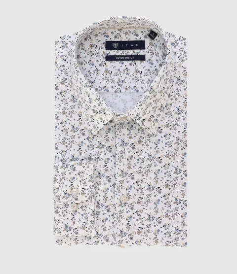 IZAC - Chemise slim imprimée blanche camel et bleue PHILEA