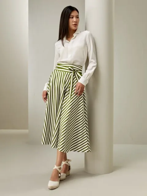 LILYSILK Jupe En Soie Mi Longue Rayures Bleues Jupe Midi, Forme Régulière 100% Soie Pure Doux Pour La Peau Et Respirant 38