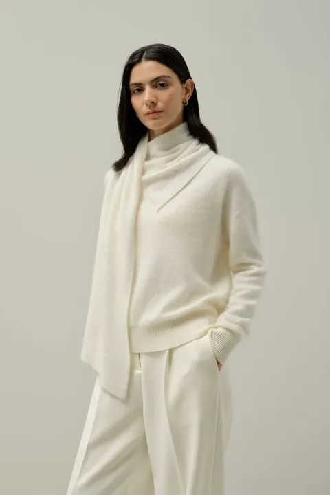 LILYSILK Femme Pull Hiver 100% Cachemire Doux Col Écharpe Drapé Blanc XL