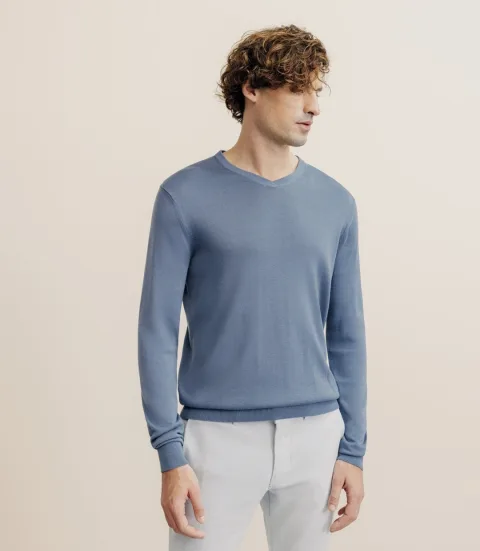 IZAC - Pull col V manches longues bleu gris