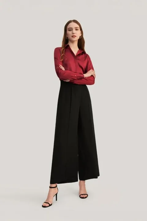 LILYSILK Chemisier Soie Chemise À Manches Longues 100% Soie Style D'Affaires Convient À Toutes Les Saisons Bleu Marine Xs