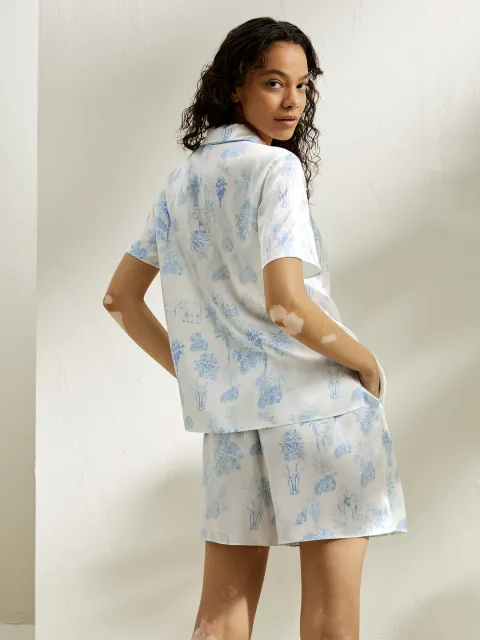 LILYSILK Pyjama Short Soie Impression La Terra Haut À Passepoil Contrasté 100% Soie De Mûrier Doux Pour La Peau Et Respirant S
