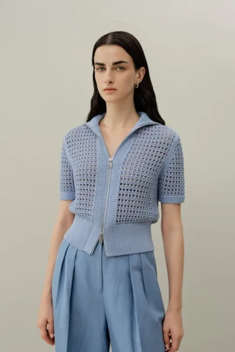 Cardigan en maille Soie Coton avec Fermeture Éclair Métallique