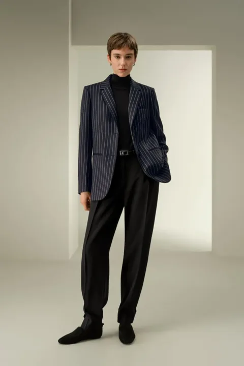 LILYSILK Veste Rayée Femme Laine Mélangée Élégante Classique 3 Poches Marine Taille 46