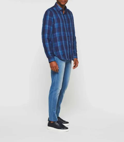 IZAC - Chemise à carreaux en lin manches longues bleue ''Kyron''