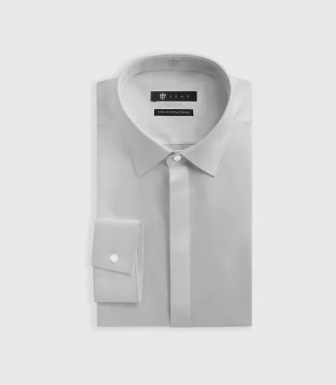 IZAC - Chemise slim en satin de coton gris perle SATINCACHE