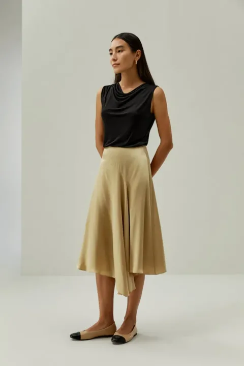 LILYSILK Jupe Mi-Longue Asymétrique Soie Élégante Évasée Jaune Ceylan 42