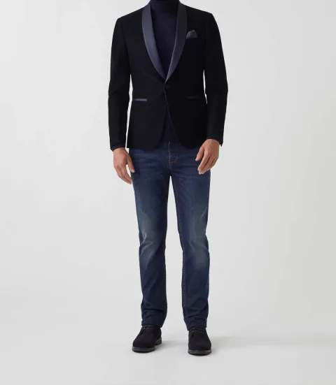 IZAC - Veste velours col châle satin marine ''Voltige''
