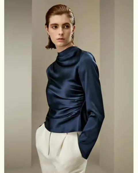 LILYSILK Chemisier En Soie Col Semi-Haut Soie De Haute Qualité Élégance Sans Effort Léger Et Résistant Aux Rides Bleu Marine 38
