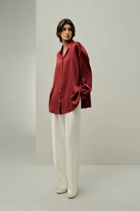 LILYSILK Chemise Oversize Femme en Soie Lavable | Confortable & Chic | Rouge Écarlate XL