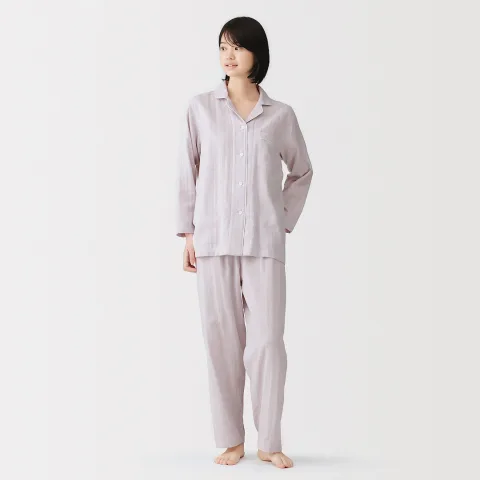 Ensemble pyjama à manches longues en gaze double pour femme