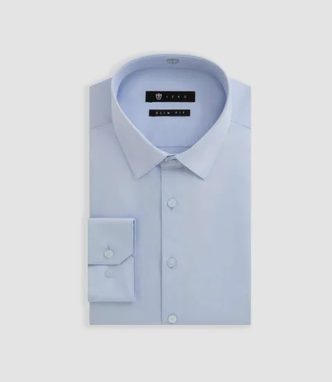 IZAC - Chemise slim en satin de coton bleu ciel SATINSLIM